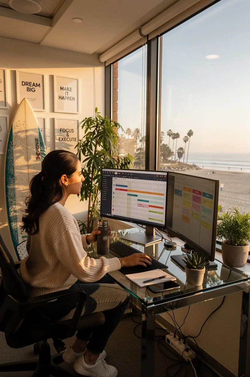Close-up of a professional analyzing workflow charts and time management tools on a digital tablet in an office setting.