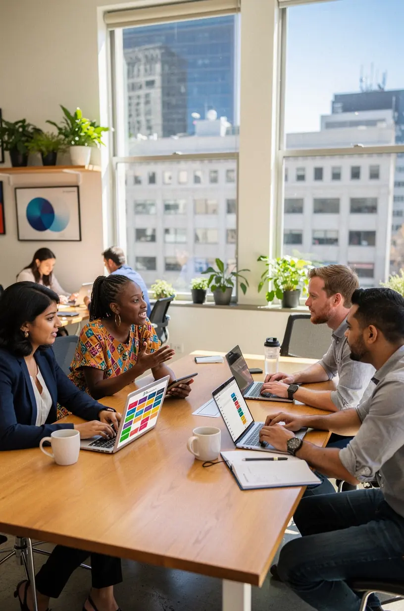 Overhead view of a team collaborating around a desk filled with planners, laptops, and task management software for optimizing productivity.
